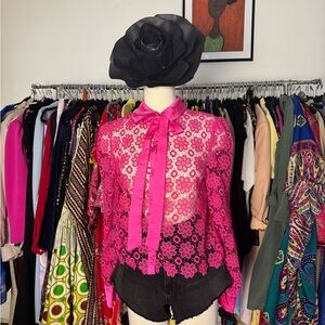 Kathy Ireland Vibrant Pink Floral Lace Blouse